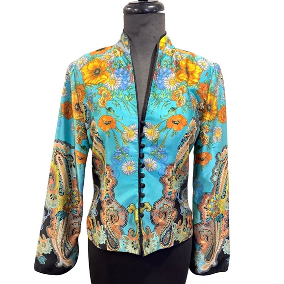 JS Collections Jackets & Blazers - JS Collections Silk Floral Paisley Jacket Turquoise Orange Loop Button Size 6